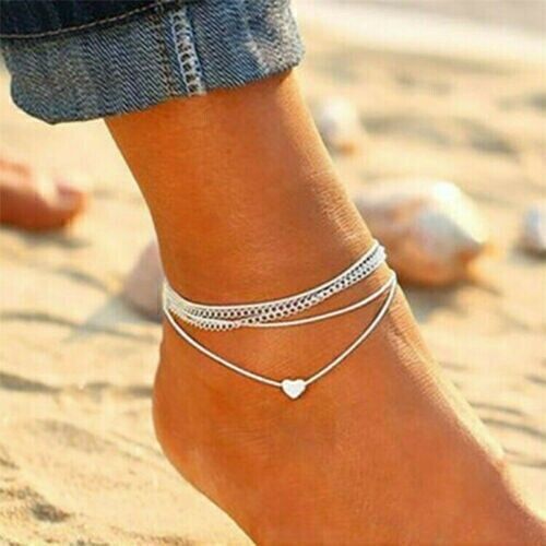 Women Fashion Love Heart Ankle Bracelet Foot Chain Silver Plated