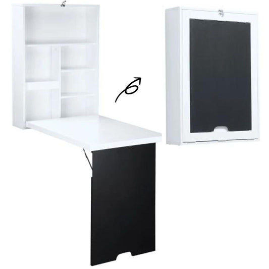 Wall Mounted Desk Convertible Fold Out Table W/Shelves, White