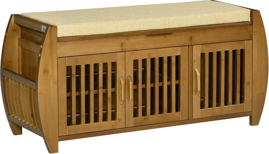 Hallway Shoe Bench W/Storage Cabinets Bamboo W/Cushion, Brown