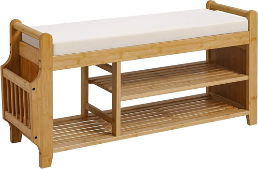 Entryway Bamboo 2 Tier Shoe Rack Bench W/Hidden Drawer Organizer