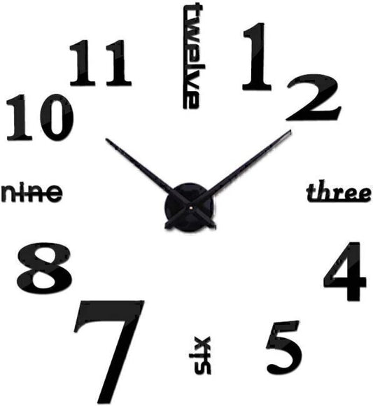 Frameless 3D Wall Clock Round Shape Modern Quartz Clock Sticker, Black