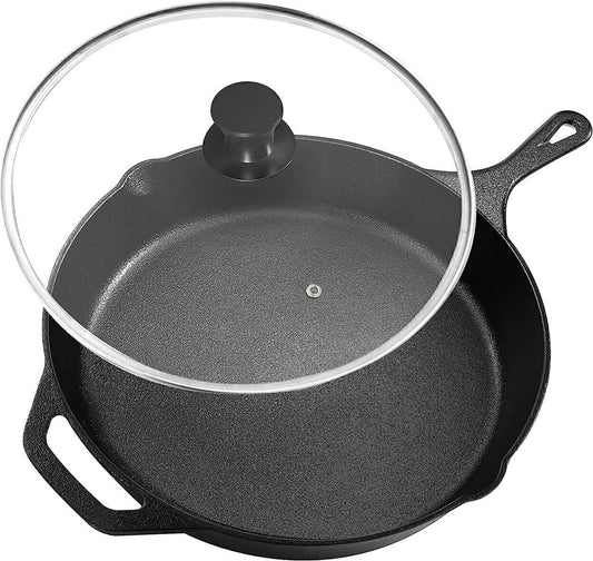 Pre-Seasoned Cast Iron Skillet W/Lid Nonstick Frying Pan-12 inch