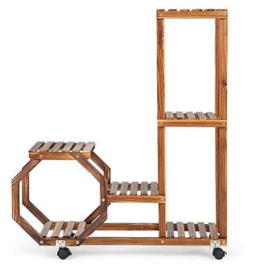 Plant Display Rack 6-Layer Wooden Plant Stand Rolling Garden Cart