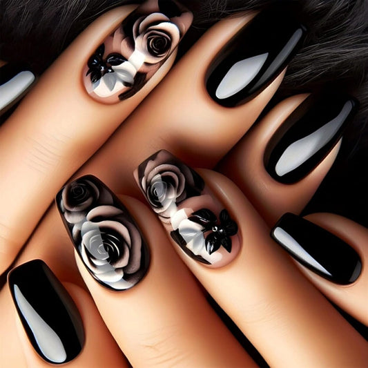 False Nails Rose Flower Acrylic Press Stick On Nails, 24Pcs