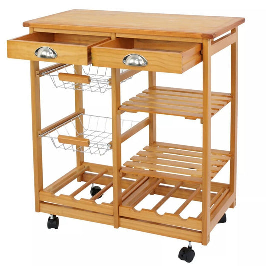 Rolling Wood Cart Kitchen Island Trolley Storage Drawers Stand