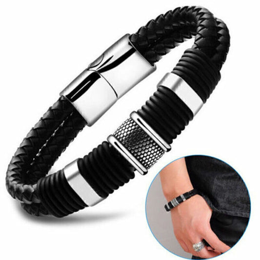 Braided Leather Silver Cuban Chain Men's Bracelet Bangle, Black