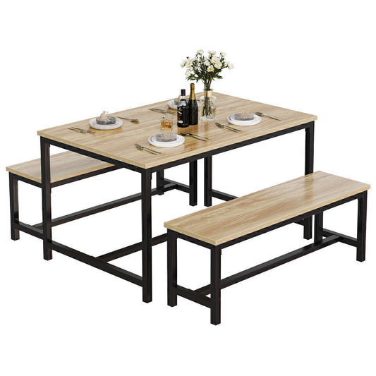 Dining Table Set with Benches Ensemble Home Kitchen Table Set, Brown