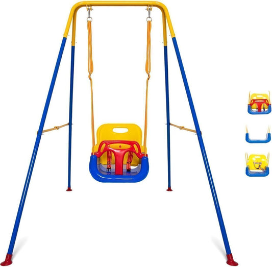 Foldable Swing Set Kids Swing Seat 3-in-1 Metal Stand Swing Set