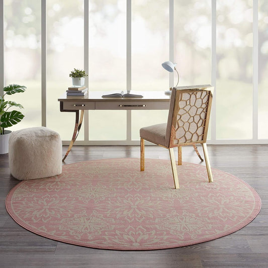 Nourison Rug Floral Round Rug Non Shedding 8Ft Round Rug, Ivory/Pink