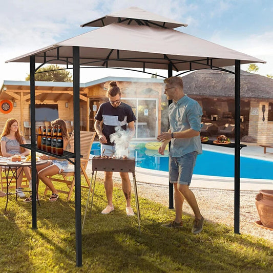 Outdoor Grill Gazebo 2-Tier Vented BBQ Pop-up Canopy, 8Ftx5Ft, Beige
