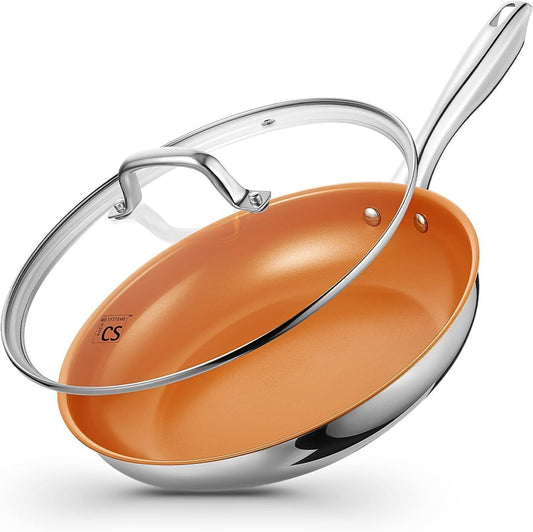 Stainless Steel Pan W/Lid Nonstick Copper Ceramic Coating - 10"
