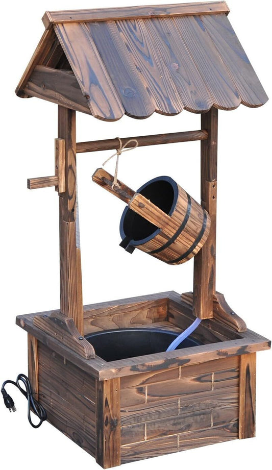 Outdoor Rustic Waterfall Fountain Wooden Well W/ Water Flow Rate