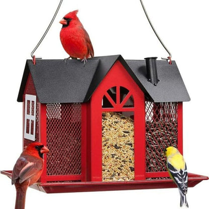 Metal Bird Feeder Patio Large Capacity Triple Feeders, Red