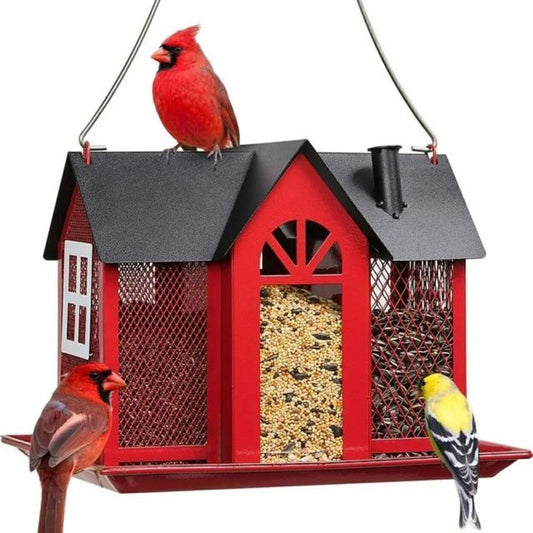 Metal Bird Feeder Patio Large Capacity W/Triple Feeders Station, Red