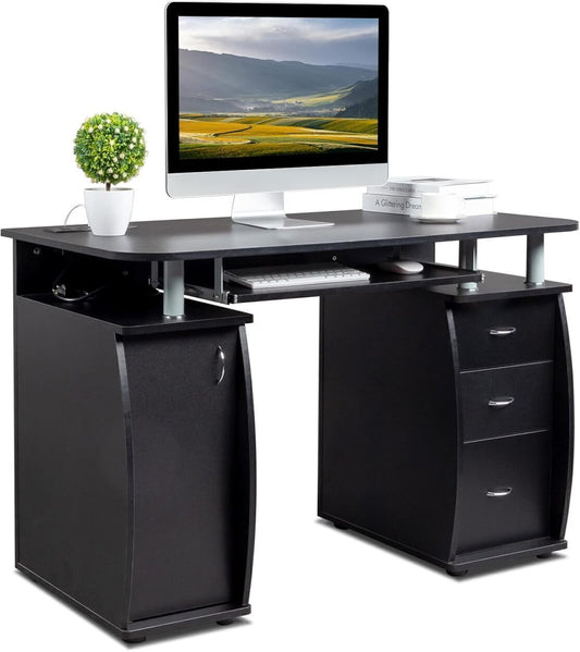 Writing Desk W/Charge Station MDF 3-Drawer Storage Cabinet, Black