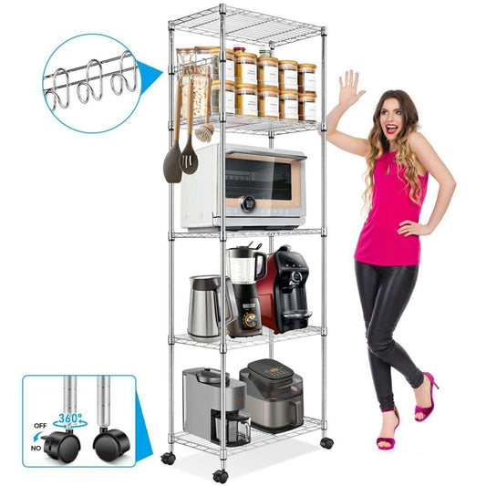 Wire Shelving Racks 5-Tier Shelf W/Casters Hooks Metal Shelves, Silver