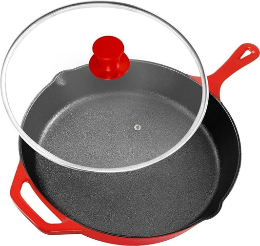 Pre-Seasoned Cast Iron Skillet W/ Lid Nonstick Pan, Red-12 inch