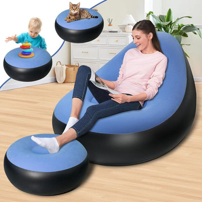 Inflatable Chair W/Ottoman Couch Lounge Blow Up Air Chair, Blue