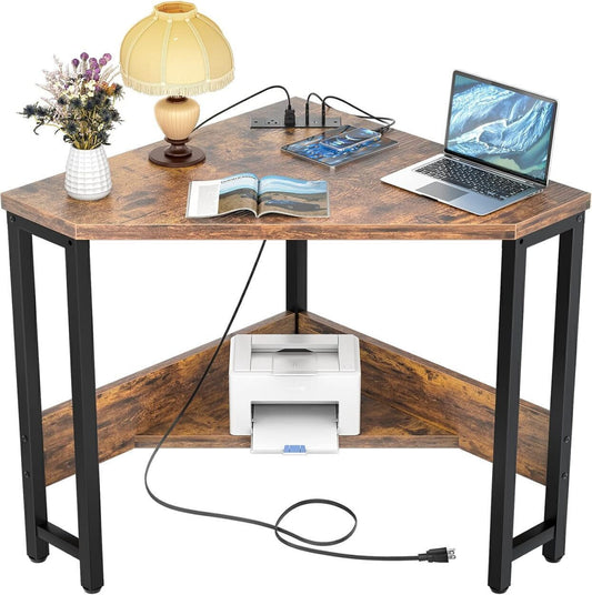 Corner Desk Small Space Computer W/USB & Outlets Triangle Desk