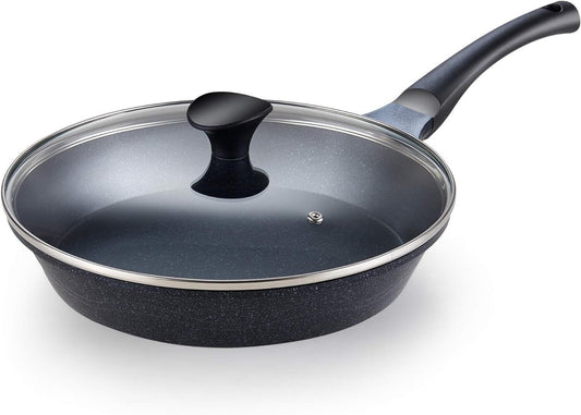 Fry Pan Marble Nonstick Cookware Sauté Pan with Lid, 12" - Black