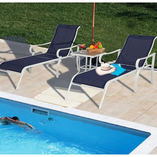 Two Chaise Lounge Set W/Table 3-Piece Patio Pool Adjustable Lounge Set