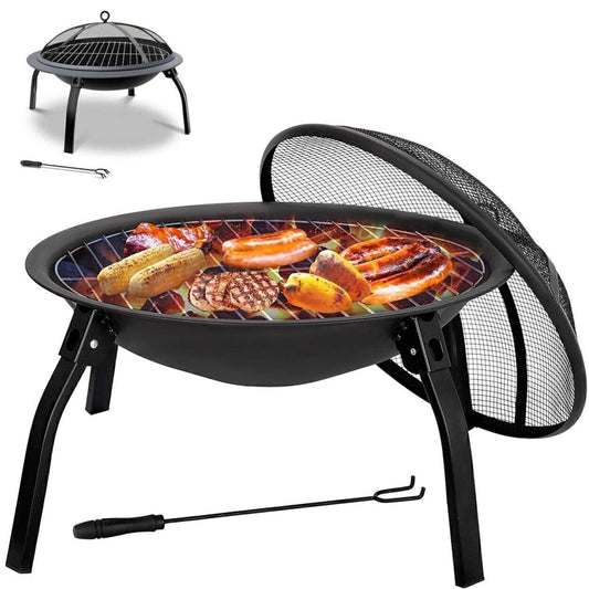 BBQ Grill Round Fire Bowl Patio Picnic Folding Steel Mesh Cover Pit