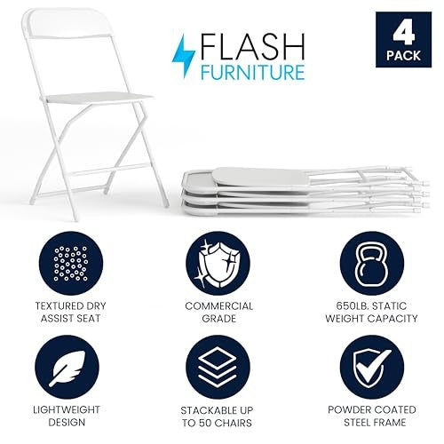 Folding Chair Plastic Party Event Folding Chair, White -4 Pack