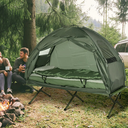 Outdoor Folding Tent Elevated Camping Cot w/Air Mattress Sleeping Bag