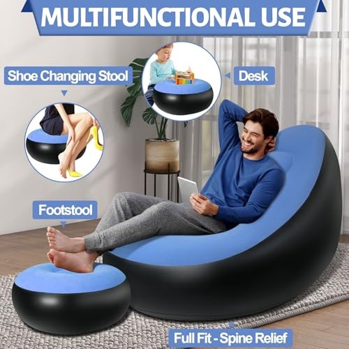 Inflatable Chair W/Ottoman Couch Lounge Blow Up Air Chair, Blue