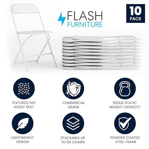 Folding Chair Plastic Party Event Folding Chair, White -10 Pack