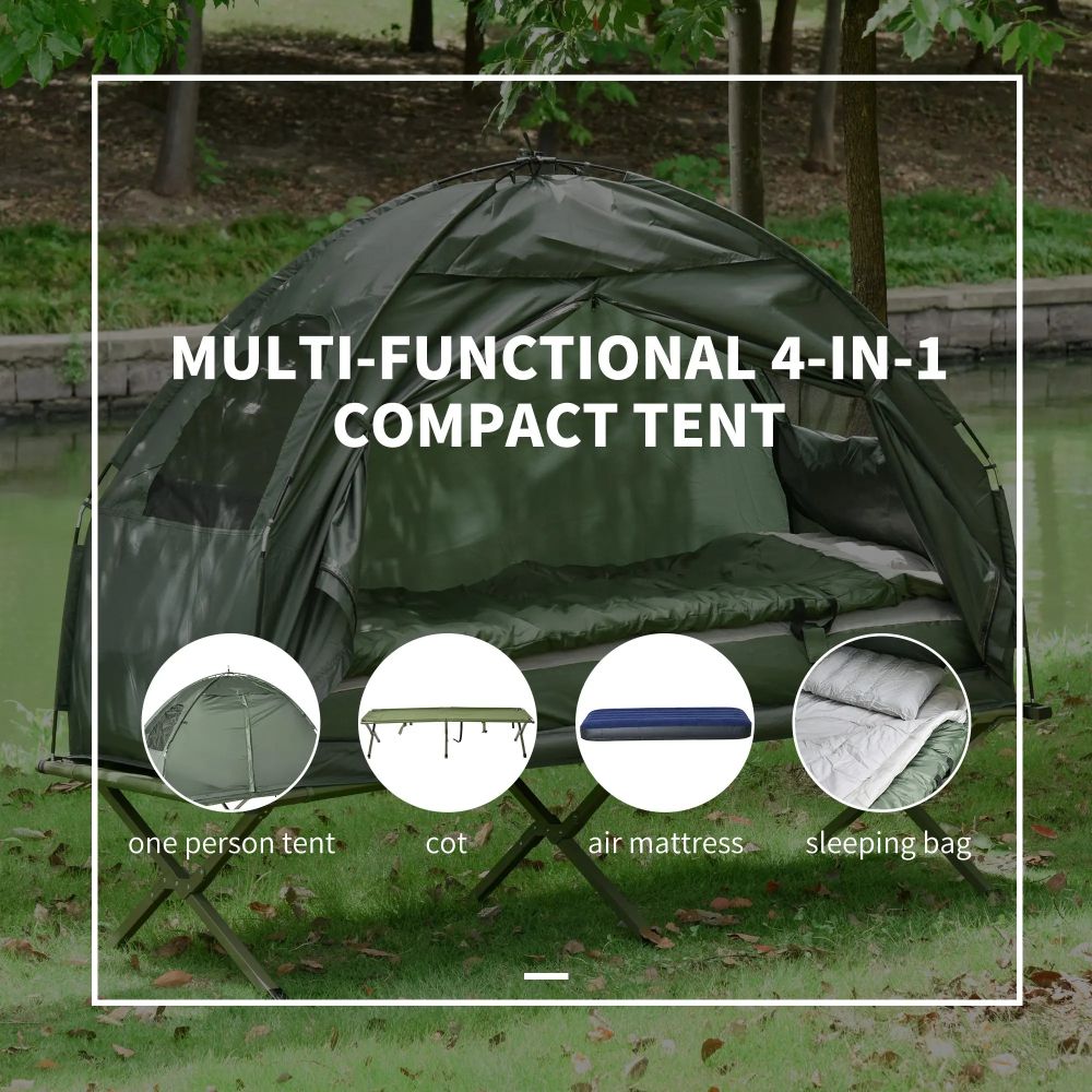 Outdoor Folding Tent Elevated Camping Cot w/Air Mattress Sleeping Bag