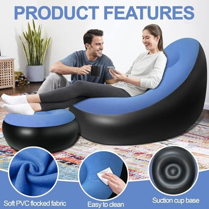 Inflatable Chair W/Ottoman Couch Lounge Blow Up Air Chair, Blue