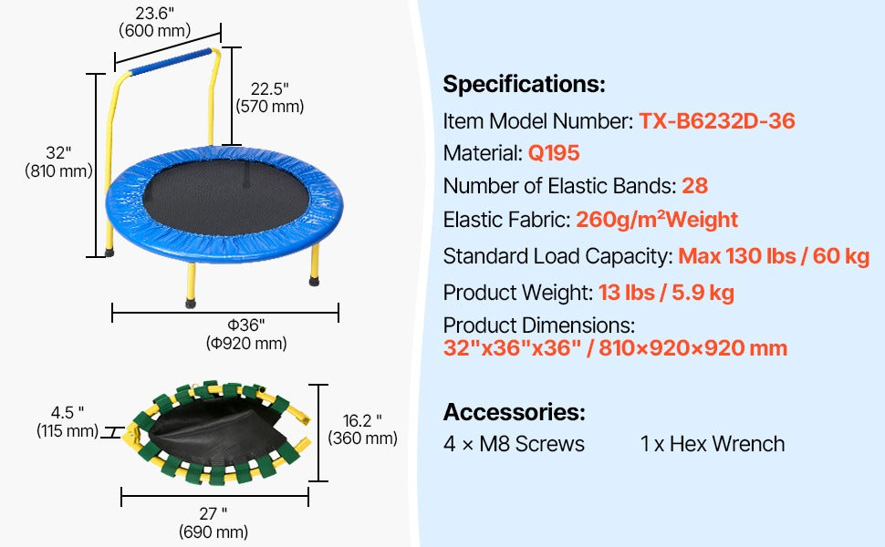 VEVOR 3FT Trampoline For Kids Foldable Baby Toddlers Trampoline