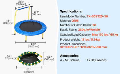 VEVOR 3FT Trampoline For Kids Foldable Baby Toddlers Trampoline