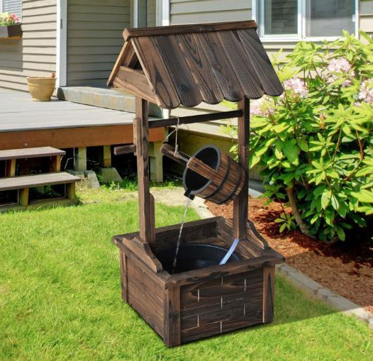 Outdoor Rustic Waterfall Fountain Wooden Well W/ Water Flow Rate