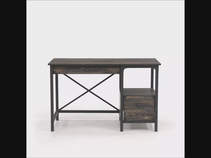 Desk Steel Metal Wood Two Drawers & Open Shelf Pedestal Desk