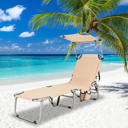 Chaise Lounge W/Sunshade Beach Foldable Adjustable Lounge