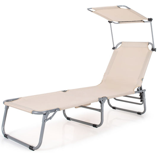 Chaise Lounge W/Sunshade Beach Foldable Adjustable Lounge