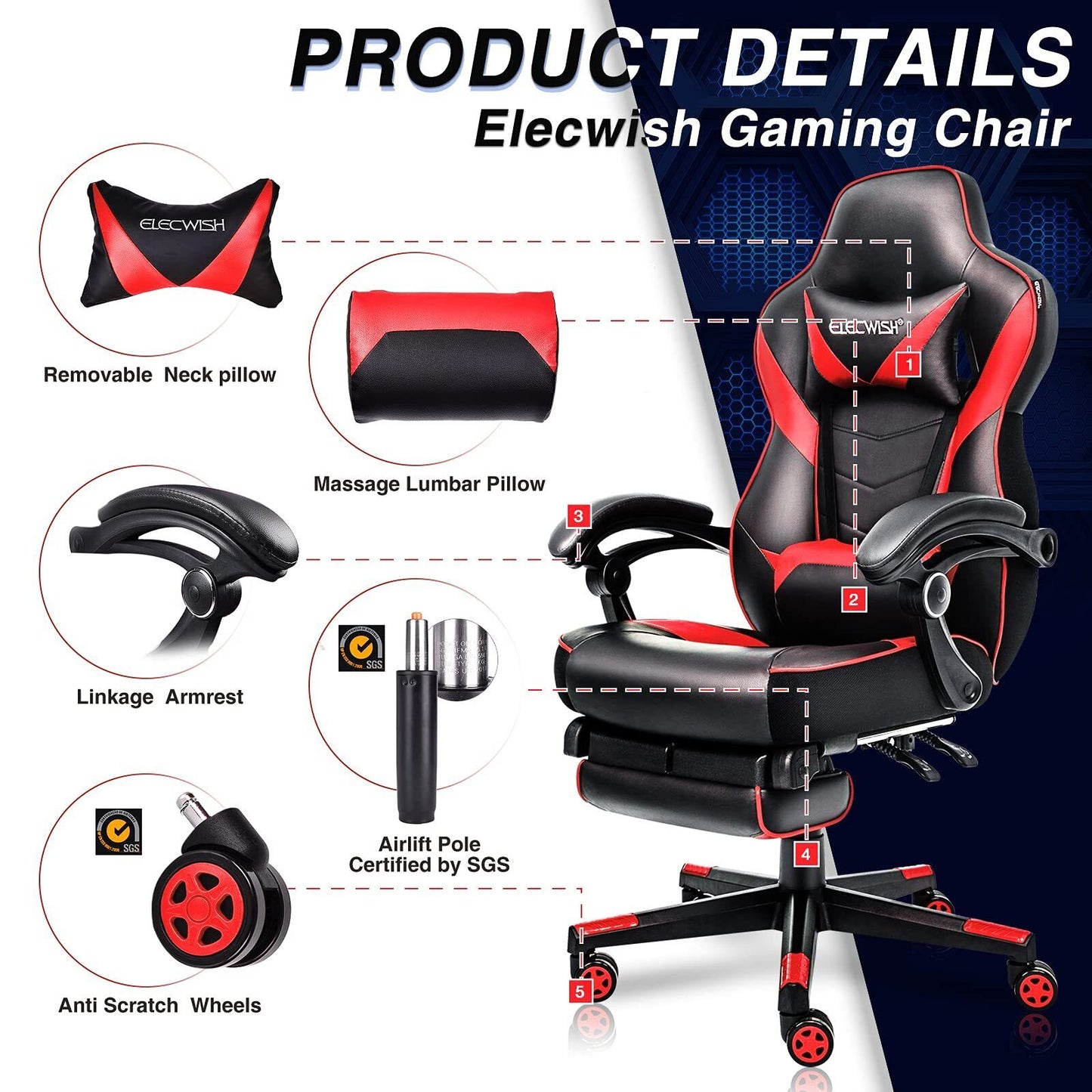 PU Leather Chair Ergonomic Recliner Footrest Gaming Office Chair
