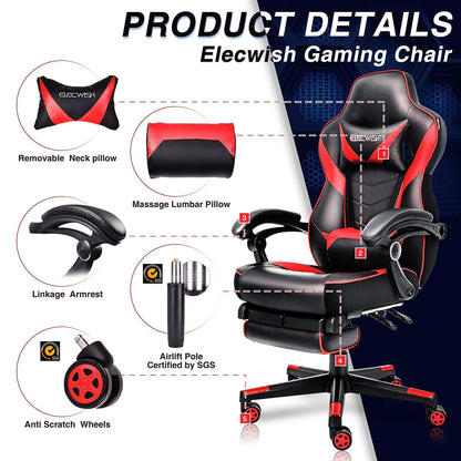 PU Leather Chair Ergonomic Recliner Footrest Gaming Office Chair