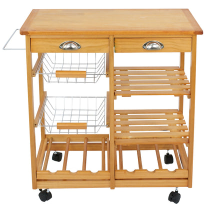 Rolling Wood Cart Kitchen Island Trolley Storage Drawers Stand