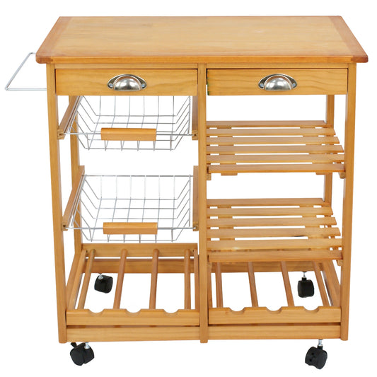 Rolling Wood Cart Kitchen Island Trolley Storage Drawers Stand