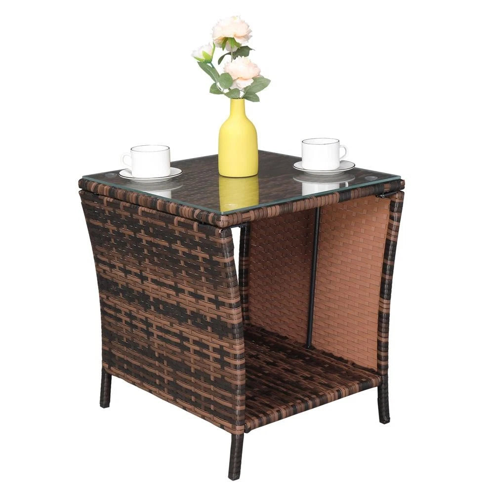 Patio Side Table Rattan Wicker Square Glass Top Tea Coffee Table