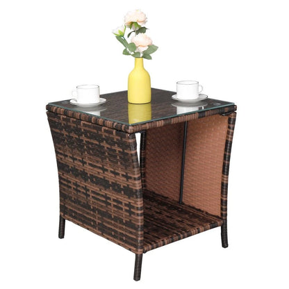 Patio Side Table Rattan Wicker Square Glass Top Tea Coffee Table