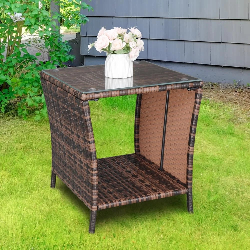 Patio Side Table Rattan Wicker Square Glass Top Tea Coffee Table