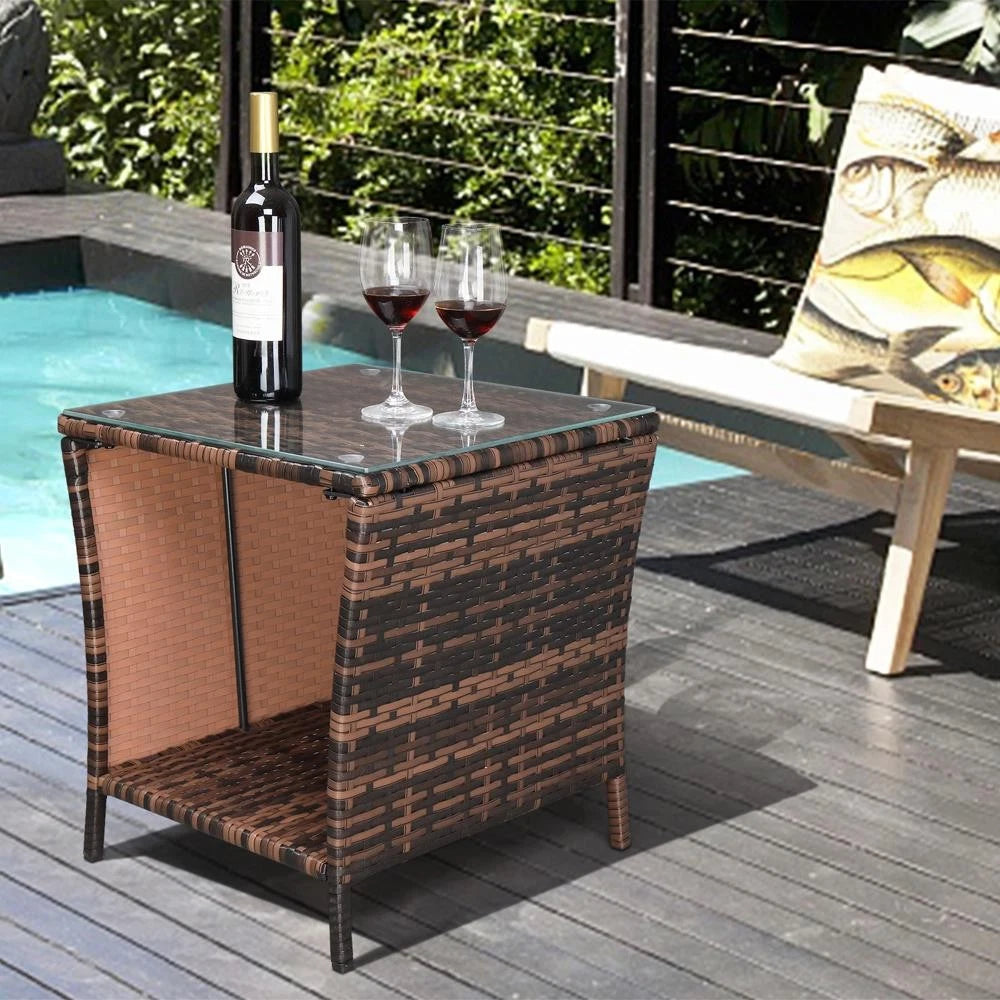 Patio Side Table Rattan Wicker Square Glass Top Tea Coffee Table