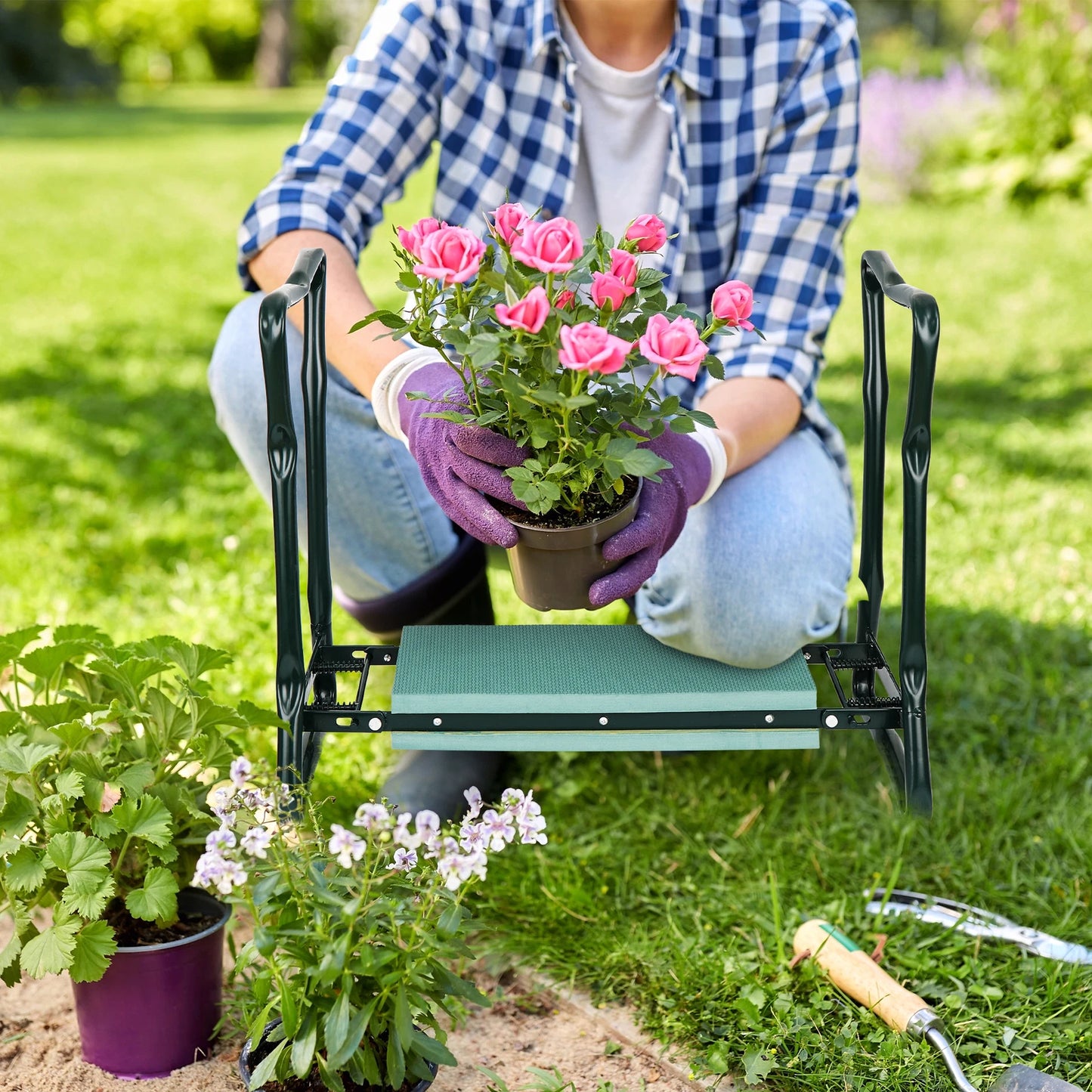 Foldable Garden Kneeler Seat w/ Kneeling Cushion Pad Tools Pouch