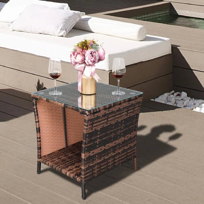 Patio Side Table Rattan Wicker Square Glass Top Tea Coffee Table