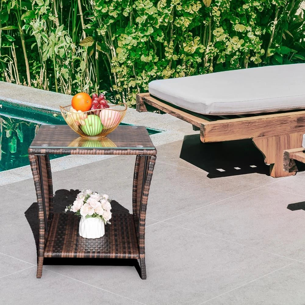 Patio Side Table Rattan Wicker Square Glass Top Tea Coffee Table