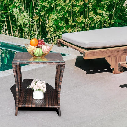 Patio Side Table Rattan Wicker Square Glass Top Tea Coffee Table